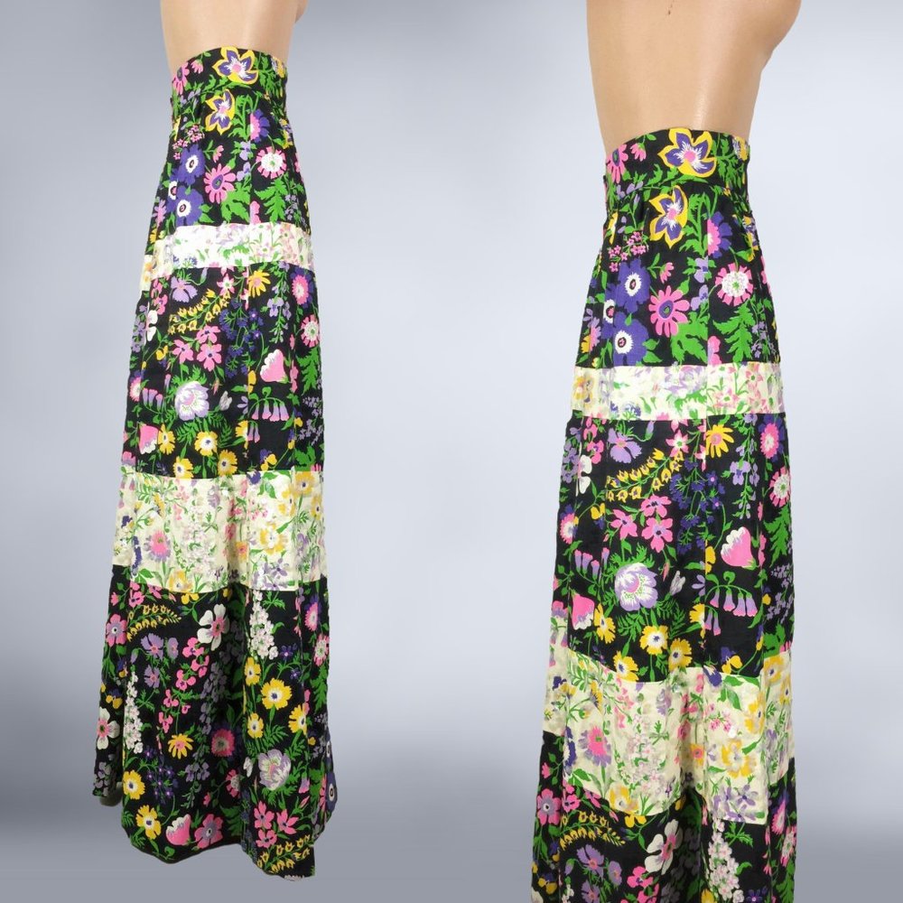 VINTAGE 70s Botanical Black & White Color Block Maxi Skirt with Sequins 27" Wais - Picture 3 of 8